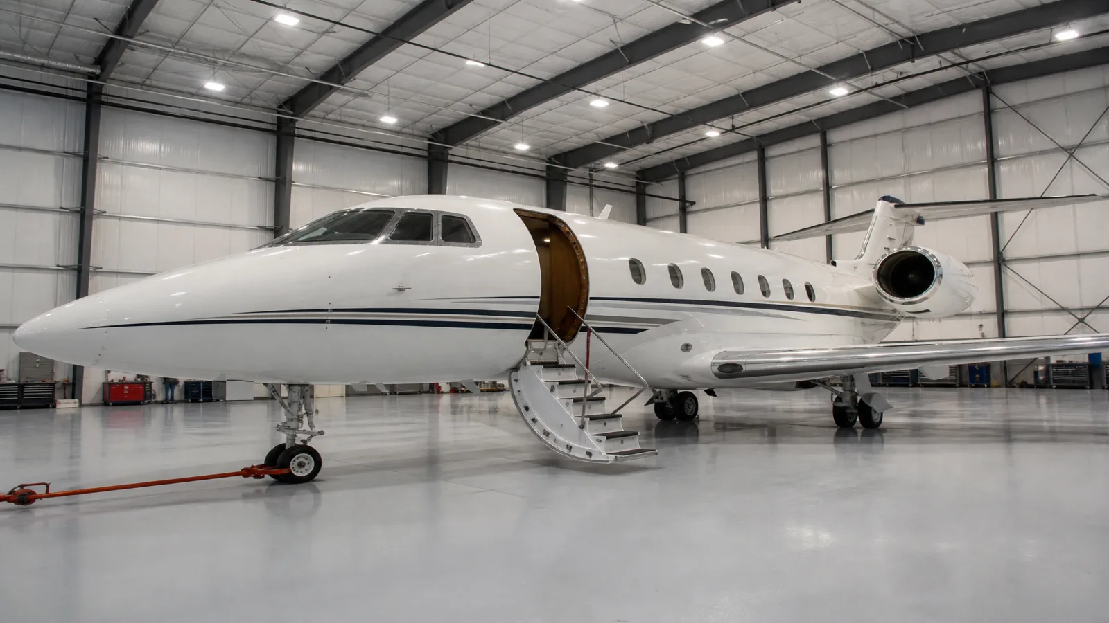 Engineers reviewing aircraft technical records beside a business jet during inspection