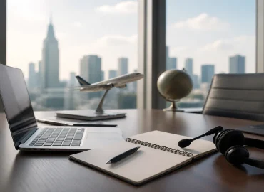 Executive assistant organizing travel documents and itinerary on a laptop before a corporate flight