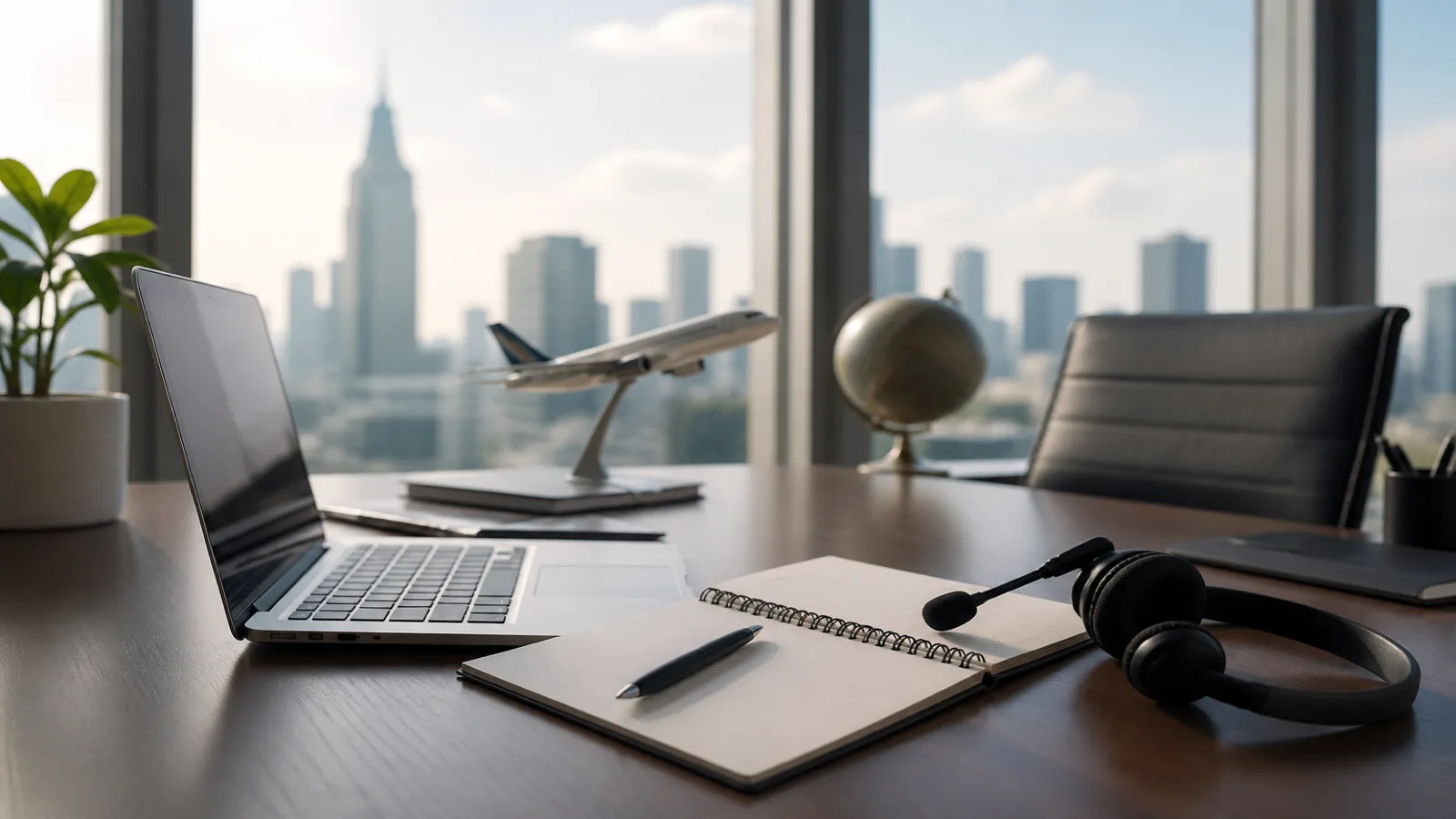 Executive assistant organizing travel documents and itinerary on a laptop before a corporate flight