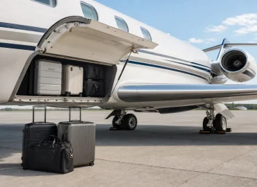 Luggage and garment bags staged near a business jet cabin door on the apron
