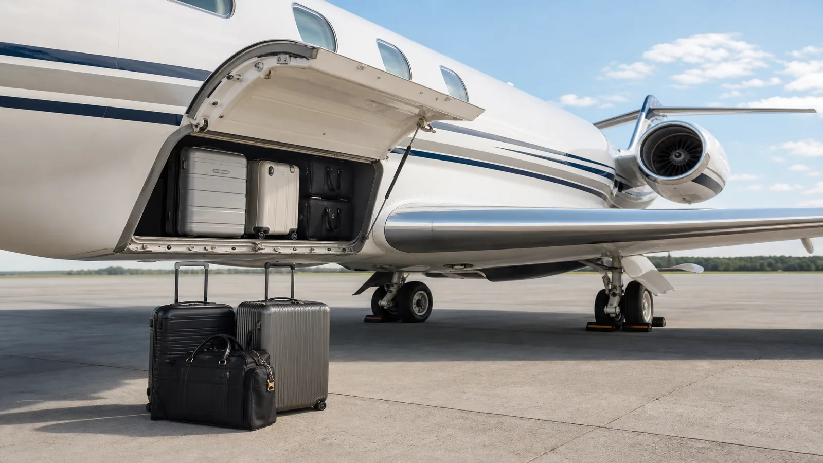 Luggage and garment bags staged near a business jet cabin door on the apron