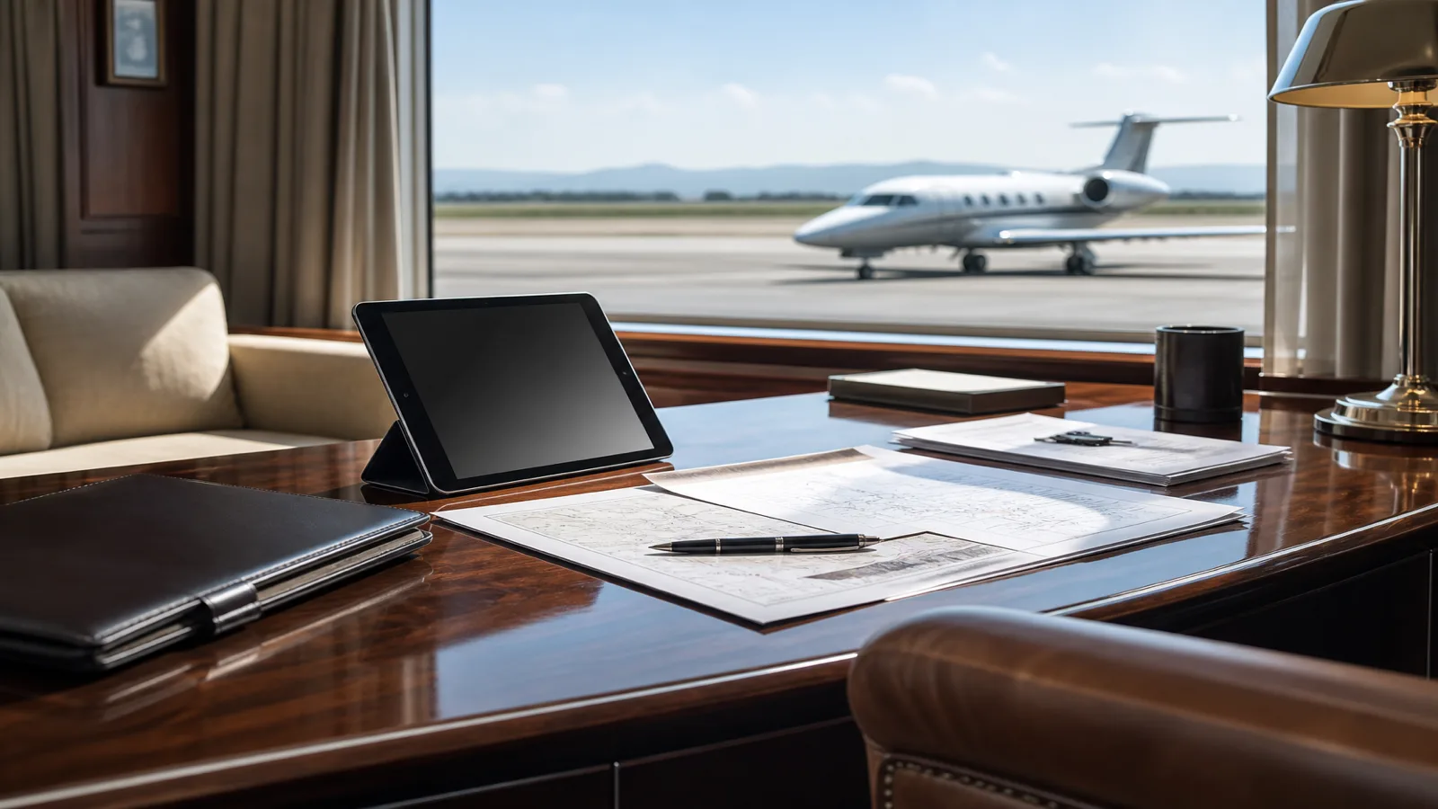 Aviation operations desk reviewing charter itinerary documents beside a headset